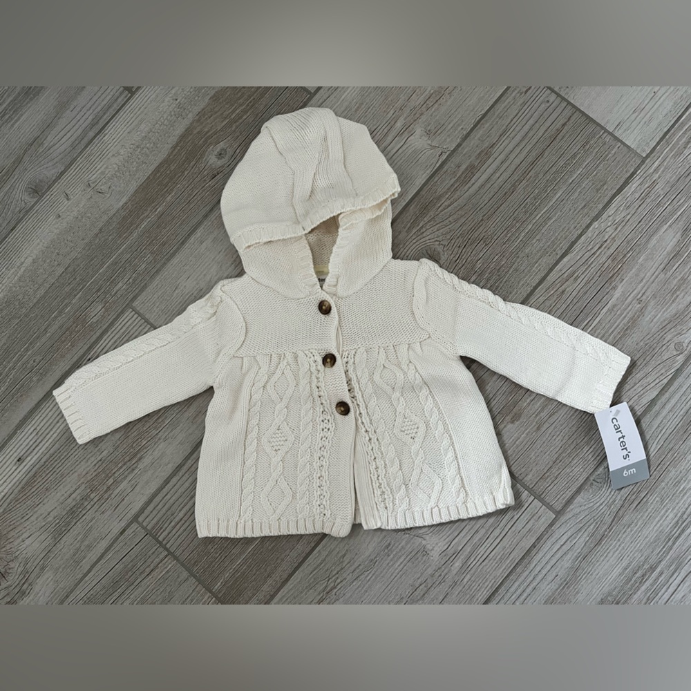 Baby Girl Size 6 M Cream Cotton Hooded Sweater with Buttons NWT